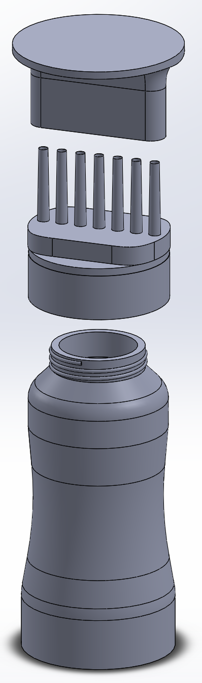 CAD drawing of Applicomb split into three parts: Cap, Nozzles, and Body.